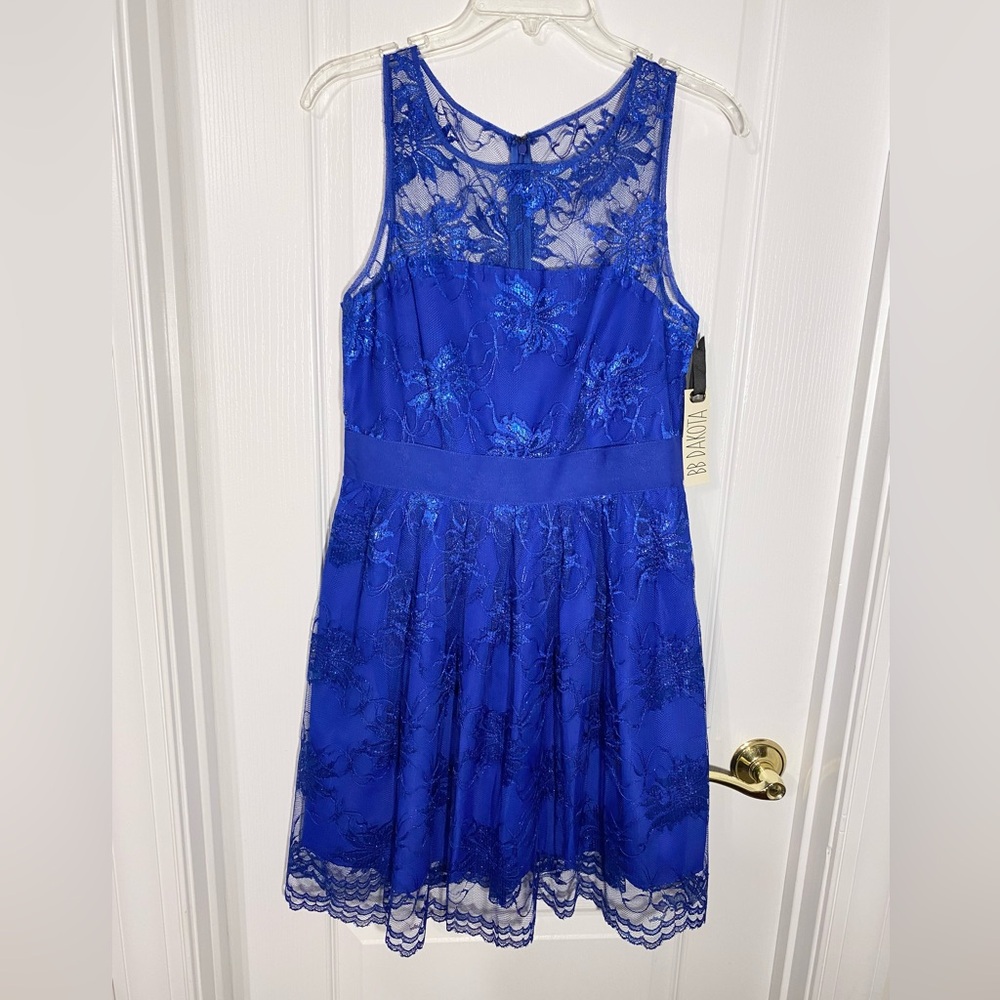 BB Dakota Sparkly Floral Lace Scalloped Hem Sleeveless Mini Dress Blue Size 6